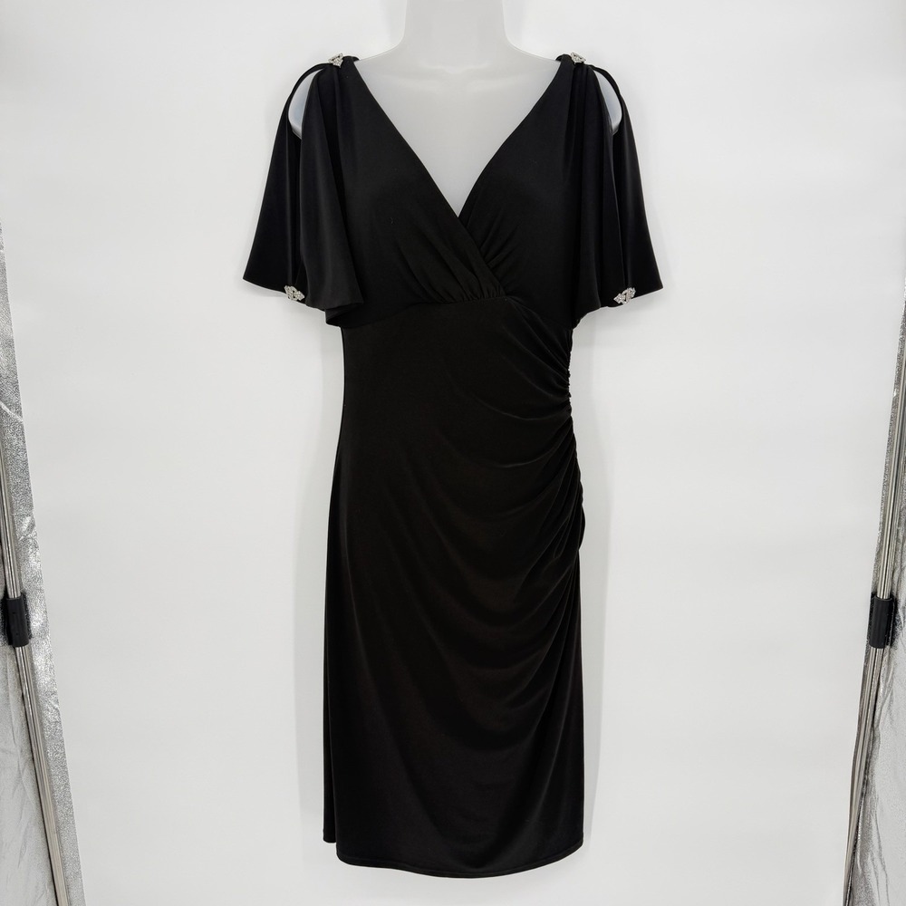 Ralph Lauren Sz 6 Black Shirred Mini Dress Ruched Side Cold Shoulder Embellished - Picture 2 of 8
